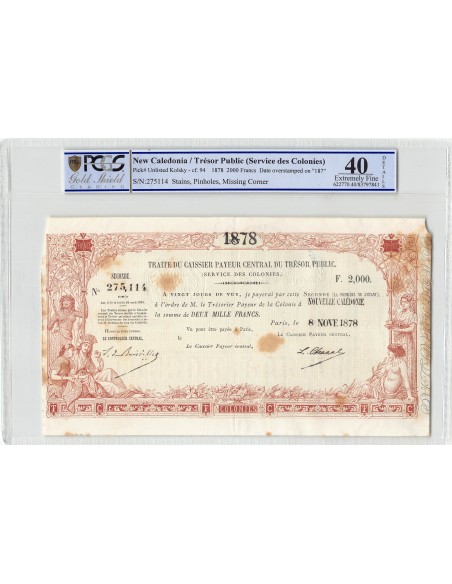 NOUVELLE CALEDONIE, TRESOR PUBLIC - 2000 FRANCS 1878 - PCGS XF 40