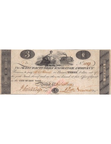 USA, MANUFACTURER'S EXCHANGE CIE - CHEQUE 3 DOLLARS 1814