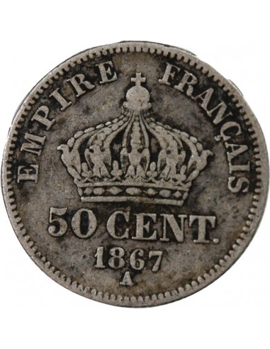 NAPOLEON III, TÊTE LAURÉE - 50 CENTIMES ARGENT 1867 A PARIS