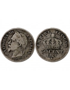 NAPOLEON III, TÊTE LAURÉE - 50 CENTIMES ARGENT 1867 A PARIS 2
