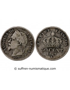 NAPOLEON III, TÊTE LAURÉE - 50 CENTIMES ARGENT 1867 A PARIS