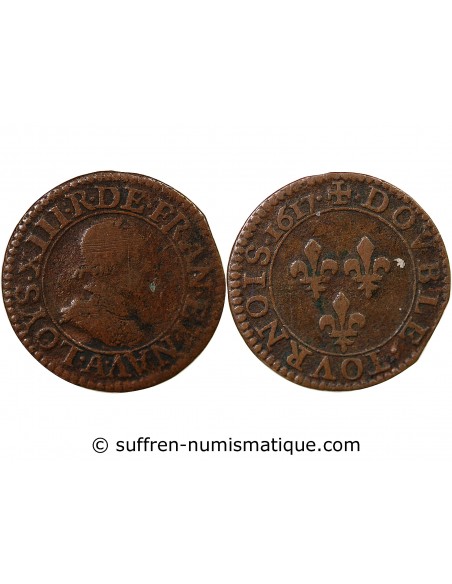 LOUIS XIII - DOUBLE TOURNOIS 1617 A PARIS, MOULIN DU LOUVRE