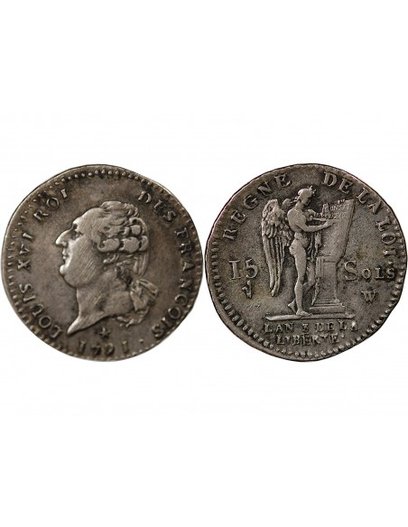 LOUIS XVI, CONSTITUTION - 15 SOLS  ARGENT 1791 W LILLE