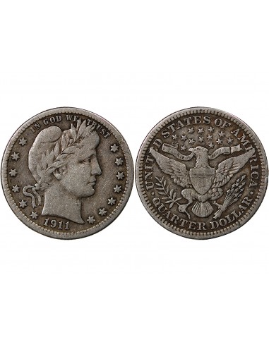 USA - 1/4 DOLLAR ARGENT "BARBER Quarter" 1911 PHILADELPHIE