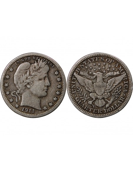 USA - 1/4 DOLLAR ARGENT "BARBER Quarter" 1911 PHILADELPHIE