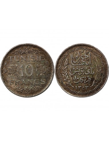 TUNISIE, AHMAD PASHA - 10 FRANCS ARGENT 1353 (1935)