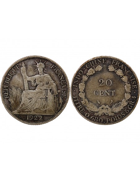 INDOCHINE FRANCAISE - 20 CENTIMES ARGENT 1922 A PARIS