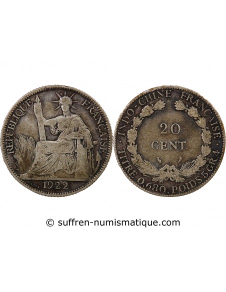 INDOCHINE FRANCAISE - 20 CENTIMES ARGENT 1922 A PARIS