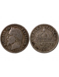 NAPOLEON III, TÊTE LAURÉE - 50 CENTIMES ARGENT 1865 A PARIS 2