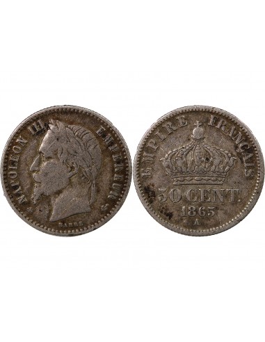 NAPOLEON III, TÊTE LAURÉE - 50 CENTIMES ARGENT 1865 A PARIS