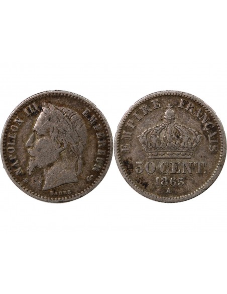 NAPOLEON III, TÊTE LAURÉE - 50 CENTIMES ARGENT 1865 A PARIS