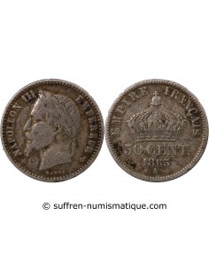 NAPOLEON III, TÊTE LAURÉE - 50 CENTIMES ARGENT 1865 A PARIS