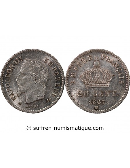 NAPOLEON III - 20 CENTIMES ARGENT 1867 BB STRASBOURG