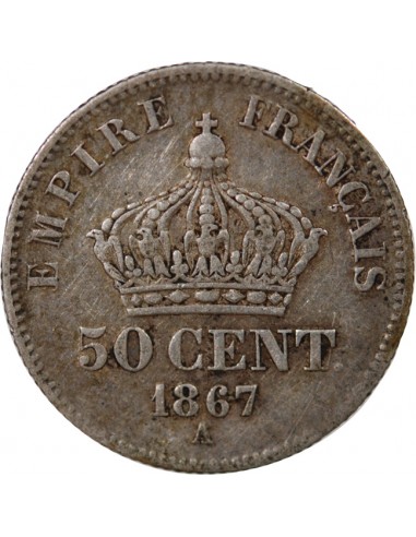 NAPOLEON III, TÊTE LAURÉE - 50 CENTIMES ARGENT 1867 A PARIS