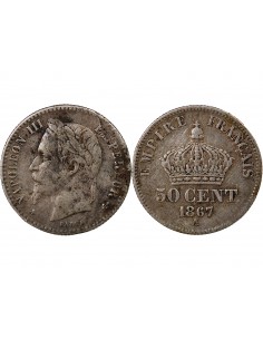 NAPOLEON III, TÊTE LAURÉE - 50 CENTIMES ARGENT 1867 A PARIS 2