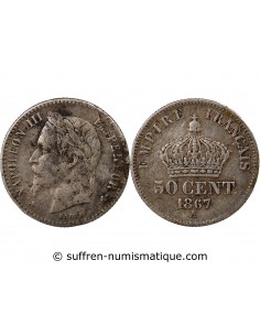 NAPOLEON III, TÊTE LAURÉE - 50 CENTIMES ARGENT 1867 A PARIS