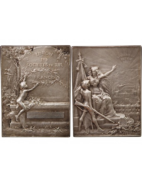 UNION DES SOCIÉTÉS DE TIR DE FRANCE - PLAQUE ARGENT poinçon Corne