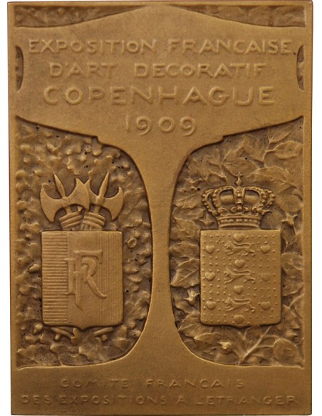 EXPOSITION FRANCAISE D'ART DECORATIF, 1909 COPENHAGUE- PLAQUE BRONZE