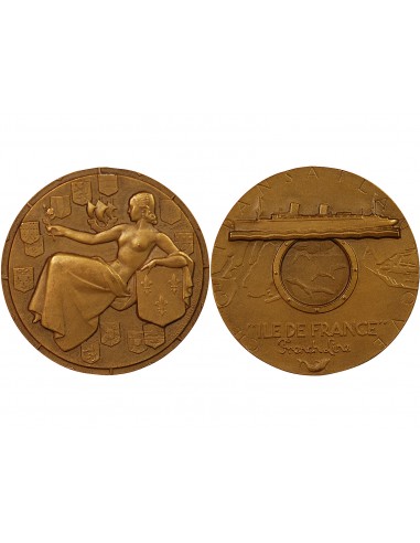 CIE GLE TRANSATLANTIQUE, PAQUEBOT "ILE DE FRANCE" - MEDAILLE BRONZE MARCEL RENARD, 1949