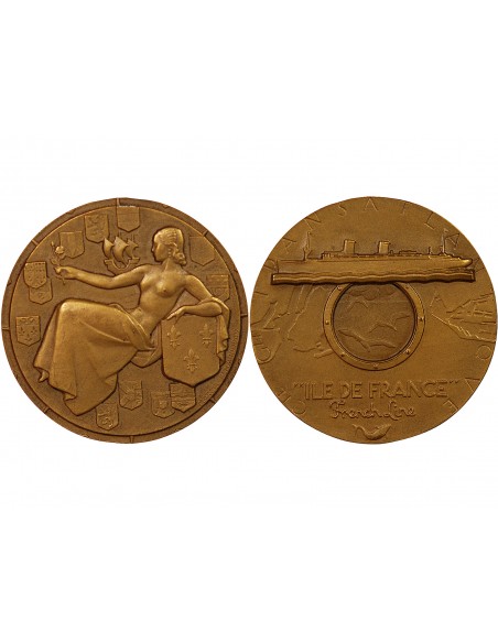 CIE GLE TRANSATLANTIQUE, PAQUEBOT "ILE DE FRANCE" - MEDAILLE BRONZE MARCEL RENARD, 1949