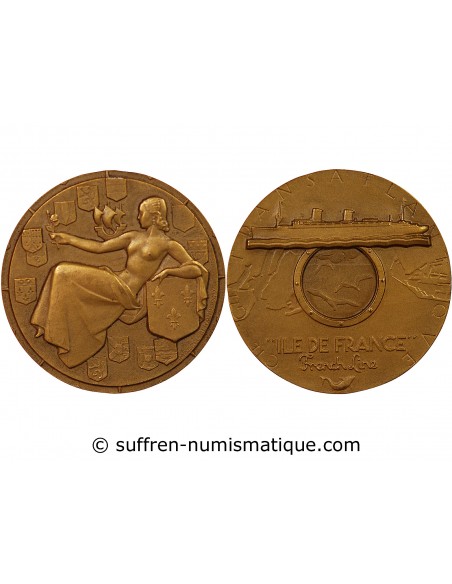 CIE GLE TRANSATLANTIQUE, PAQUEBOT "ILE DE FRANCE" - MEDAILLE BRONZE MARCEL RENARD, 1949