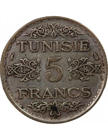 PROTECTORAT FRANCAIS DE TUNISIE, AHMAD PASHA - 5 FRANCS ARGENT 1353 (1935)