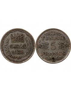 PROTECTORAT FRANCAIS DE TUNISIE, AHMAD PASHA - 5 FRANCS ARGENT 1353 (1935) 2