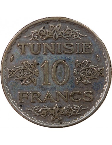 PROTECTORAT FRANCAIS DE TUNISIE, AHMAD PASHA - 10 FRANCS ARGENT 1353 (1935)