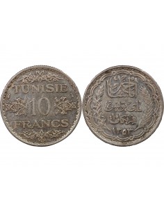 PROTECTORAT FRANCAIS DE TUNISIE, AHMAD PASHA - 10 FRANCS ARGENT 1353 (1935) 2