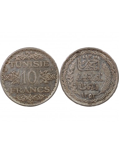 PROTECTORAT FRANCAIS DE TUNISIE, AHMAD PASHA - 10 FRANCS ARGENT 1353 (1935)