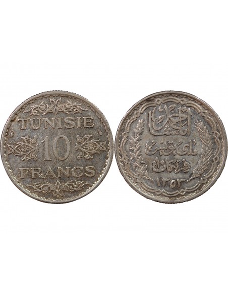 PROTECTORAT FRANCAIS DE TUNISIE, AHMAD PASHA - 10 FRANCS ARGENT 1353 (1935)