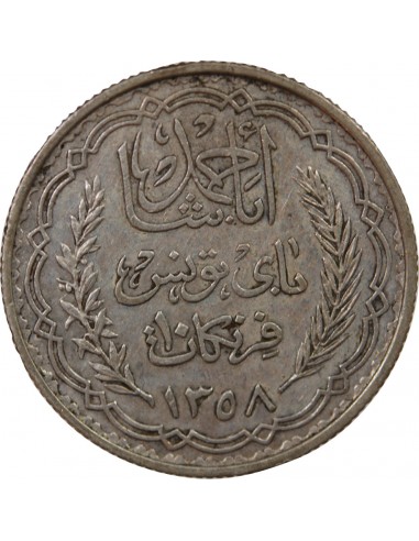 PROTECTORAT FRANCAIS DE TUNISIE, AHMAD PASHA - 10 FRANCS ARGENT 1358 (1939)