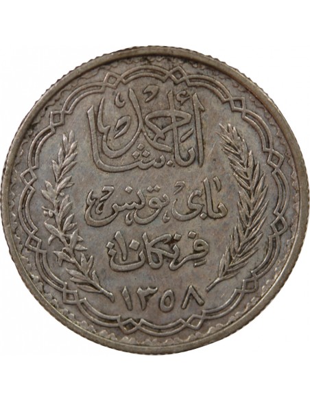 PROTECTORAT FRANCAIS DE TUNISIE, AHMAD PASHA - 10 FRANCS ARGENT 1358 (1939)