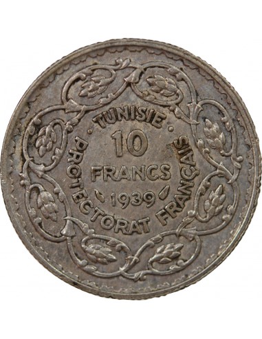 PROTECTORAT FRANCAIS DE TUNISIE, AHMAD PASHA - 10 FRANCS ARGENT 1358 (1939)