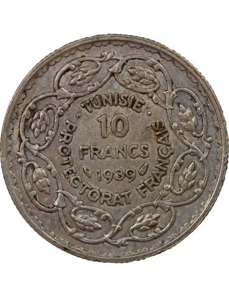 PROTECTORAT FRANCAIS DE TUNISIE, AHMAD PASHA - 10 FRANCS ARGENT 1358 (1939)