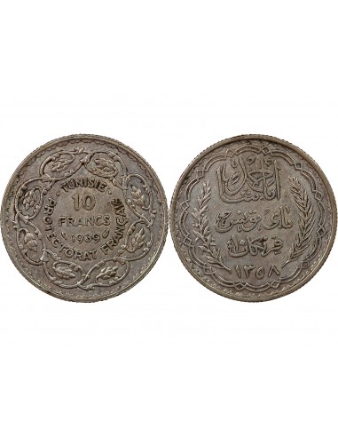 PROTECTORAT FRANCAIS DE TUNISIE, AHMAD PASHA - 10 FRANCS ARGENT 1358 (1939)