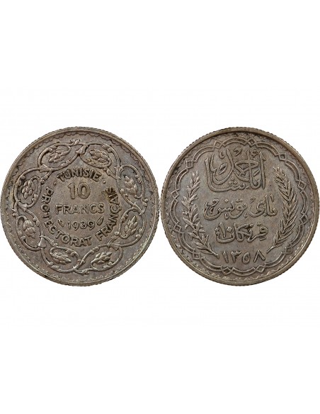 PROTECTORAT FRANCAIS DE TUNISIE, AHMAD PASHA - 10 FRANCS ARGENT 1358 (1939)