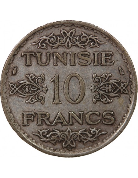 PROTECTORAT FRANCAIS DE TUNISIE, AHMAD PASHA - 10 FRANCS ARGENT 1353 (1935)