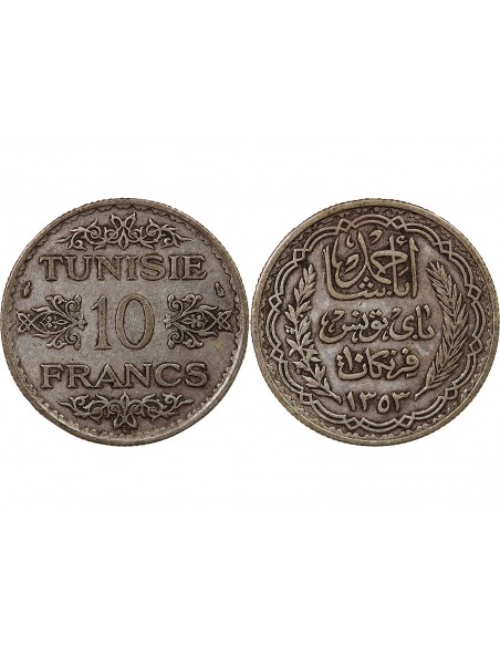 PROTECTORAT FRANCAIS DE TUNISIE, AHMAD PASHA - 10 FRANCS ARGENT 1353 (1935)