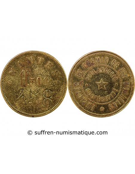 EMPLOYES DU CHEMIN DE FER D'ORLEANS, BOULANGERIE COOPERATIVE - JETON LAITON, 1.5k