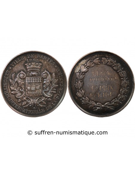 VILLE DE NANTES, EXPOSITION INTERNATIONALE DE LA RACE CANINE - MÉDAILLE ARGENT 1885 - 1er PRIX BLACK RETRIEVER ATTRIBUE A E.BIRE