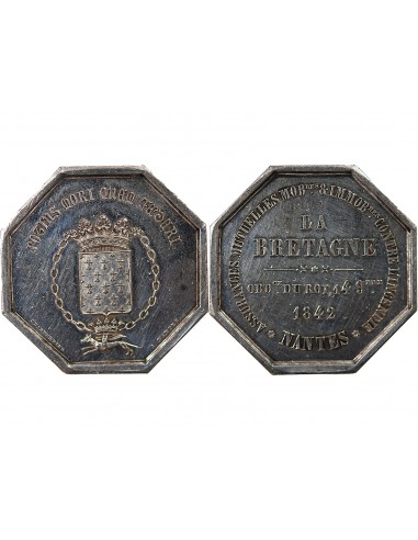 ASSURANCES MUTUELLES CONTRE L'INCENDIE, LA BRETAGNE - JETON ARGENT 1842 - NANTES POINCON MAIN (1845-1860)