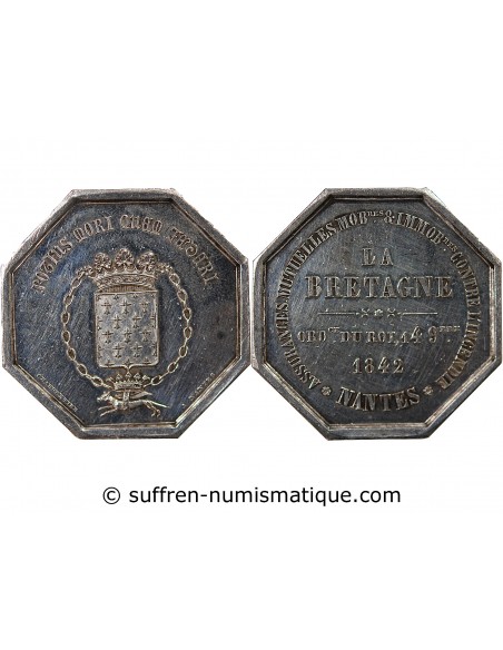 ASSURANCES MUTUELLES CONTRE L'INCENDIE, LA BRETAGNE - JETON ARGENT 1842 - NANTES POINCON MAIN (1845-1860)