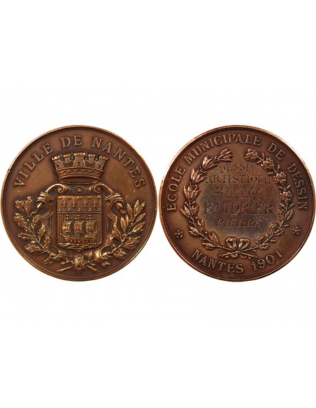 ECOLE DE DESSIN DE NANTES, PRIX DU DESSIN ARTISTIQUE DE 3e ANNEE - MEDAILLE BRONZE 1901 - ATTRIBUE À PIERRE BAUDRIER