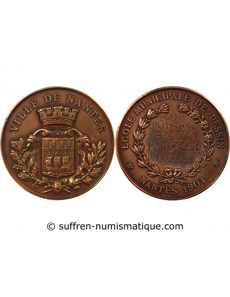 ECOLE DE DESSIN DE NANTES, PRIX DU DESSIN ARTISTIQUE DE 3e ANNEE - MEDAILLE BRONZE 1901 - ATTRIBUE À PIERRE BAUDRIER
