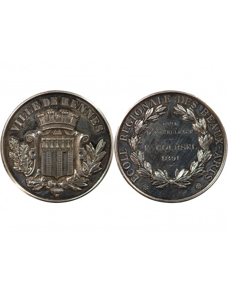 ECOLE DES BEAUX ARTS DE RENNES, PRIX D'EXCELLENCE - MEDAILLE ARGENT 1891 - ATTRIBUE À E. COURSEL