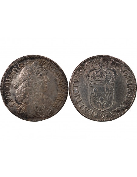 LOUIS XIV - 1/2 ECU AU BUSTE JUVENILE 1670 9 RENNES