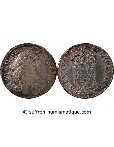 LOUIS XIV - 1/2 ECU AU BUSTE JUVENILE 1670 9 RENNES