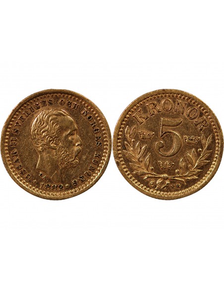 SUÈDE, OSCAR II - 5 KRONOR OR 1882