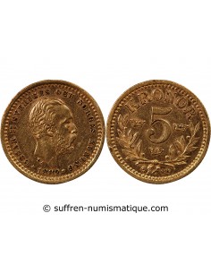 SUÈDE, OSCAR II - 5 KRONOR OR 1882